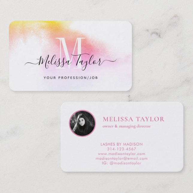 Misty Holography Pink and Gold Monogram Photo Business Card (Front/Back)