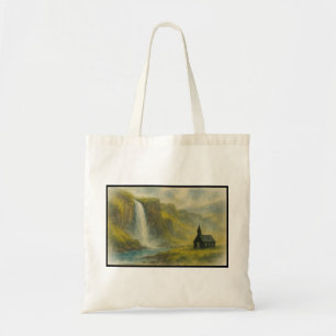 Misty Iceland Waterfall and Church, Nordic Land Tote Bag