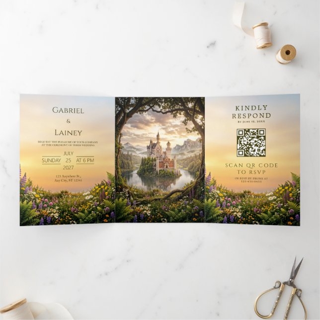 Misty Island Fairytale Castle Wedding Tri-Fold Invitation (Inside)