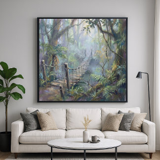 Misty Jungle Bridge - Pastel Painting Style Poster