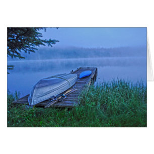 Misty Lake, Dock, Row Boat & Kayak Nature Scene