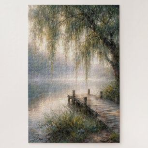 Misty Lake Dock with Willow Tree Jigsaw Puzzle