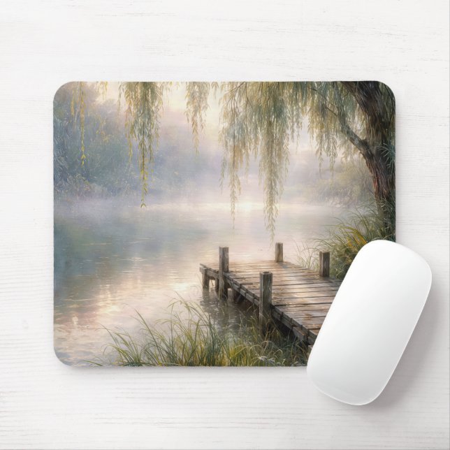 Misty Lake Dock with Willow Tree Mouse Mat (With Mouse)