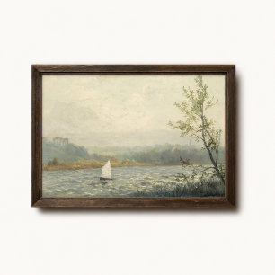 Misty Lake Sailboat Poster - Vintage Landscape Art
