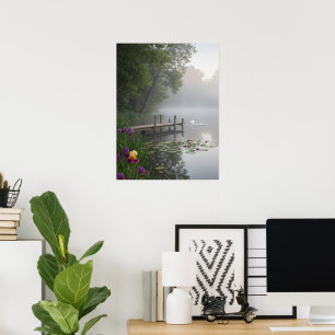 Misty Lake Swans Water Lilies Nature Art Poster