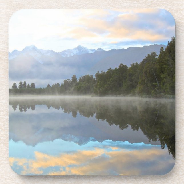 Misty Lake Trees Reflection Tranquil Nature Photo Coaster (Front)