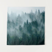 Misty landscape with fir forest in hipster vintage