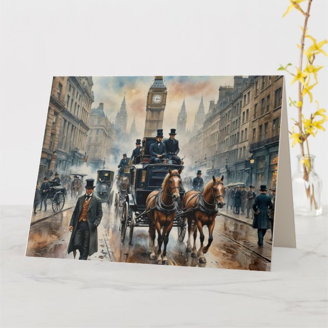 Misty London Street 1800s Note  Card (Yellow Flower)