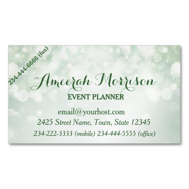 Misty Mint Bokeh Event Plan Magnetic Business Card (Front)