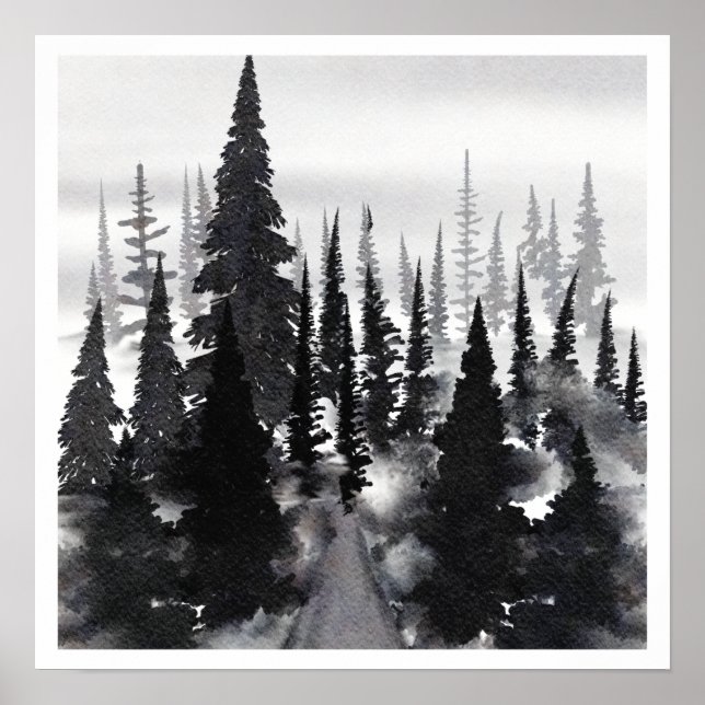 Misty Monochrome Pine Forest Watercolor Art Print (Front)