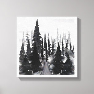 Misty Monochrome Pine Forest Watercolor Art Print