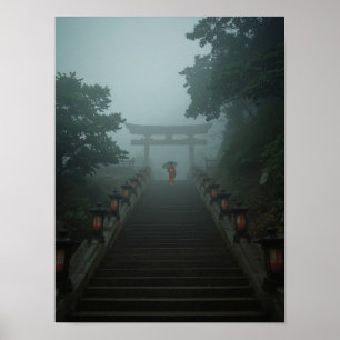 Misty Morning at Kyoto Shrine – Torii Gate & Red K Poster