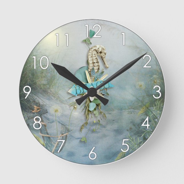 Misty Morning Beach seahorse anchor nautical Round Clock (Front)