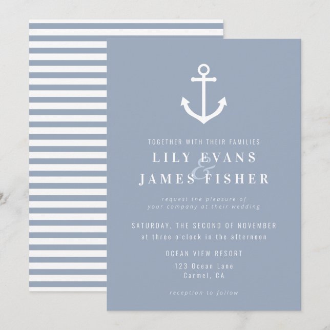 Misty Morning Blue Grey Nautical Anchor Wedding In Invitation (Front/Back)