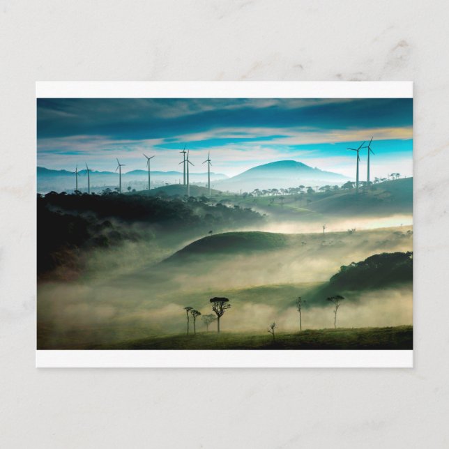 Misty morning landscape at wind farm postcard (Front)