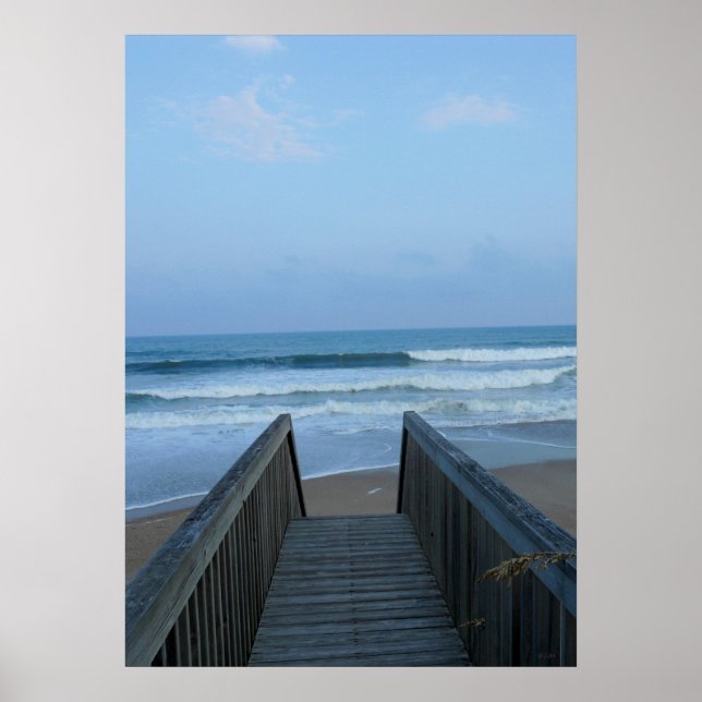 Misty Morning Seashore Pier Beach Sand Waves Photo Poster (Front)