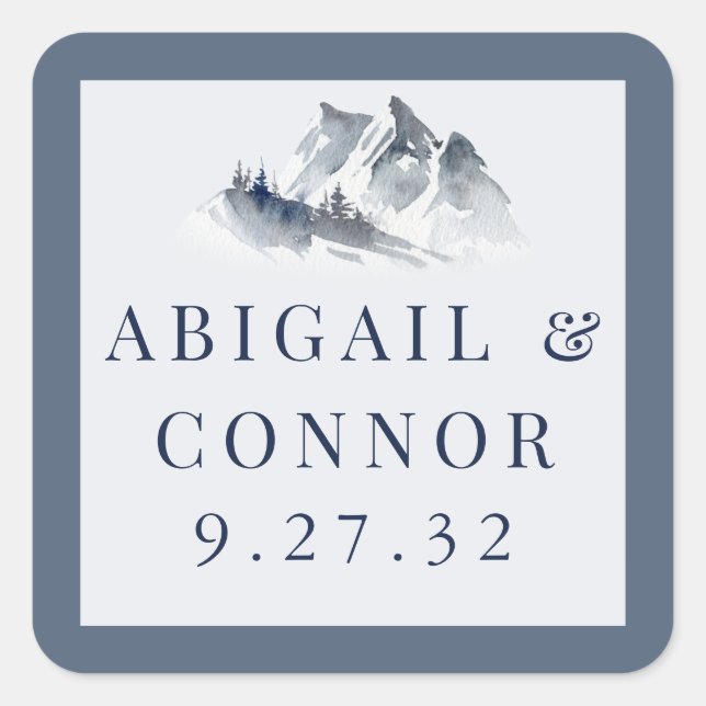 Misty Mountain Blue Grey White Elegant Border Square Sticker (Front)