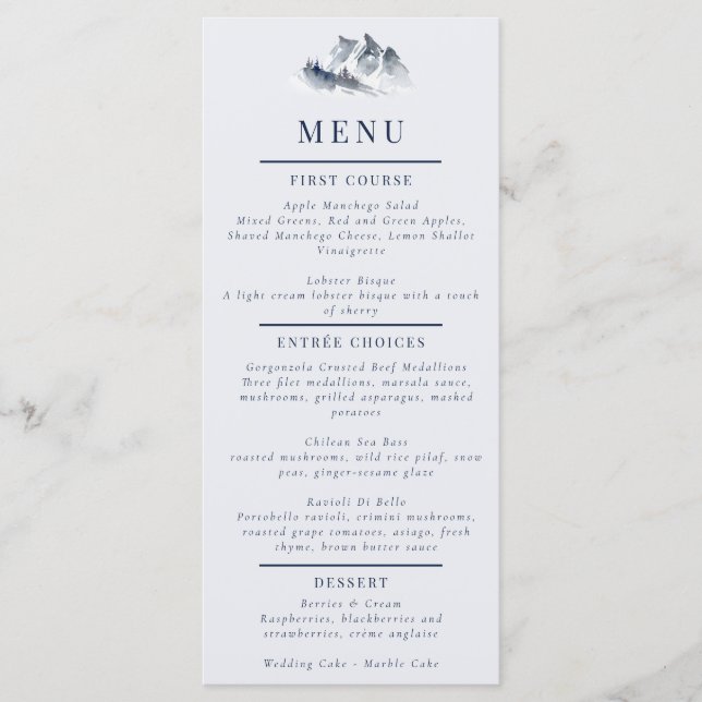 Misty Mountain Blue Grey White Elegant Menu (Front)