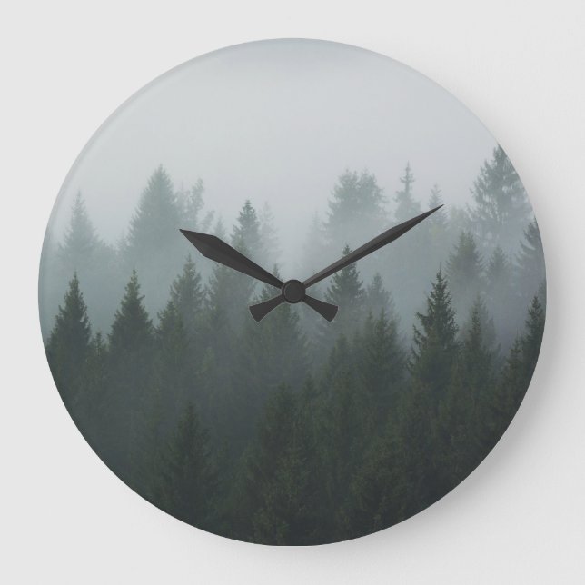 Misty Mountain Forest Autumn Fog Large Clock (Front)