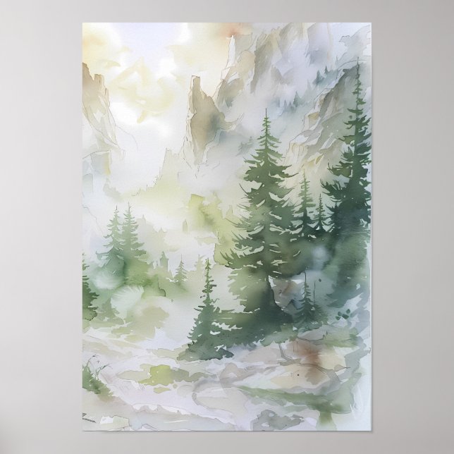 Misty Mountain Forest in Watercolor Poster (Front)