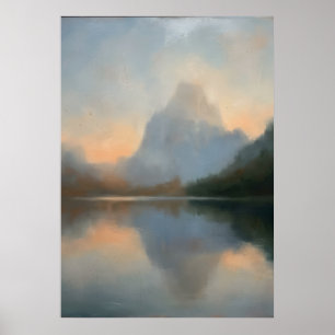 Misty Mountain Lake Dawn Pastel Luminous Oil Paint Poster