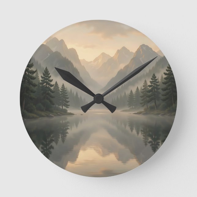 Misty Mountain Lake Reflection Pine Forest Sunrise Round Clock (Front)