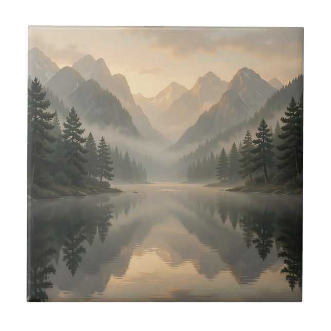 Misty Mountain Lake Reflection Pine Forest Sunrise Tile (Front)