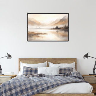 Misty Mountain Lake – Soft Neutral Landscape  Canvas Print