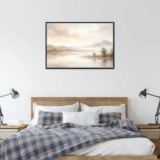 Misty Mountain Lake – Soft Neutral Landscape  Canvas Print