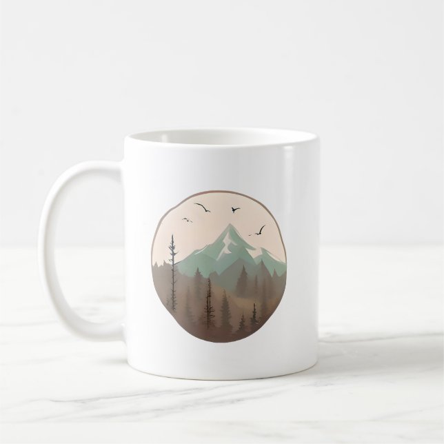 Misty Mountain Peaks – Serene Forest Landscape Coffee Mug (Left)