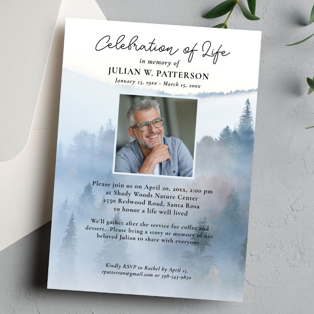 Misty Mountain Pine Tree Celebration of Life Photo Invitation (Creator Uploaded)