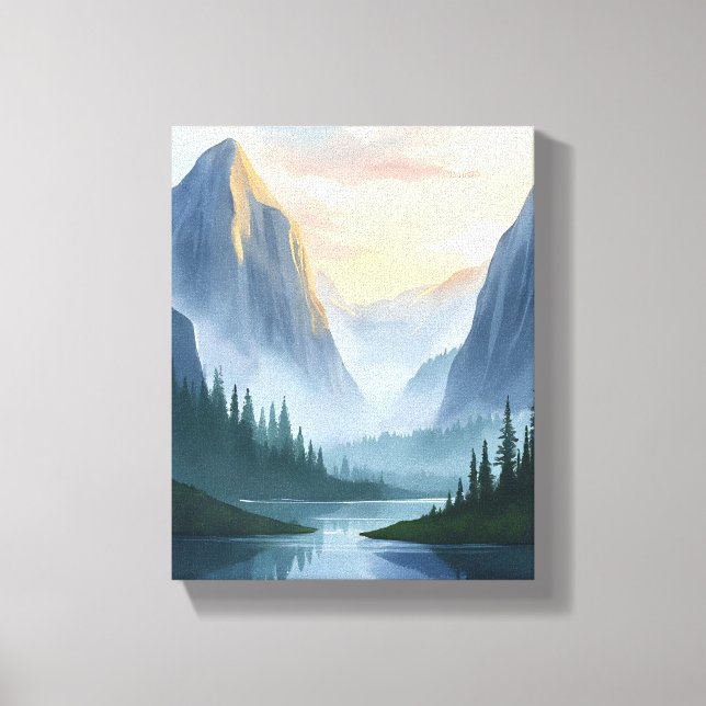 Misty Mountain Range Nature Watercolor Painting Canvas Print (Front)