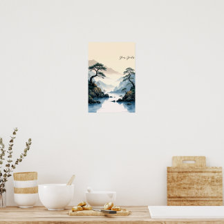 Misty Mountain River Chinese Ink Painting Poster