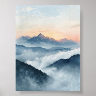 Misty Mountain Sunrise Watercolor Poster