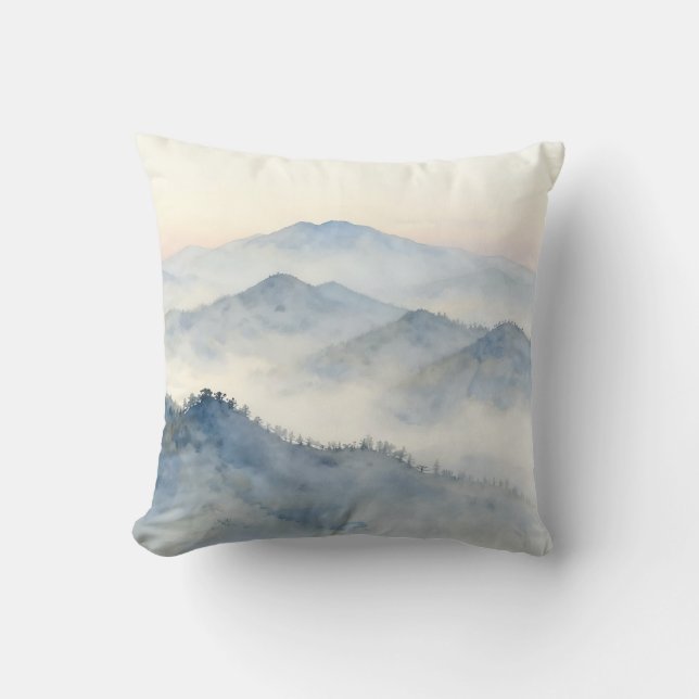 Misty Mountain Watercolor Landscape Cushion (Front)