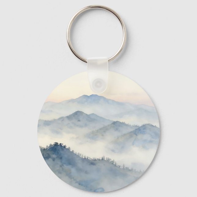 Misty Mountain Watercolor Landscape Key Ring (Front)