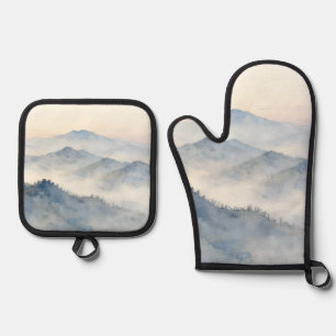 Misty Mountain Watercolor Landscape Oven Mitt & Pot Holder Set