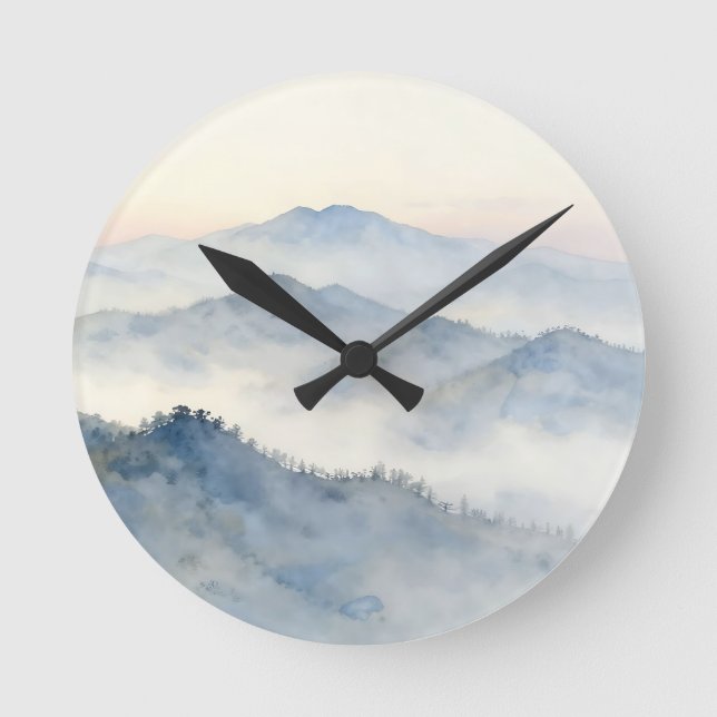 Misty Mountain Watercolor Landscape Round Clock (Front)