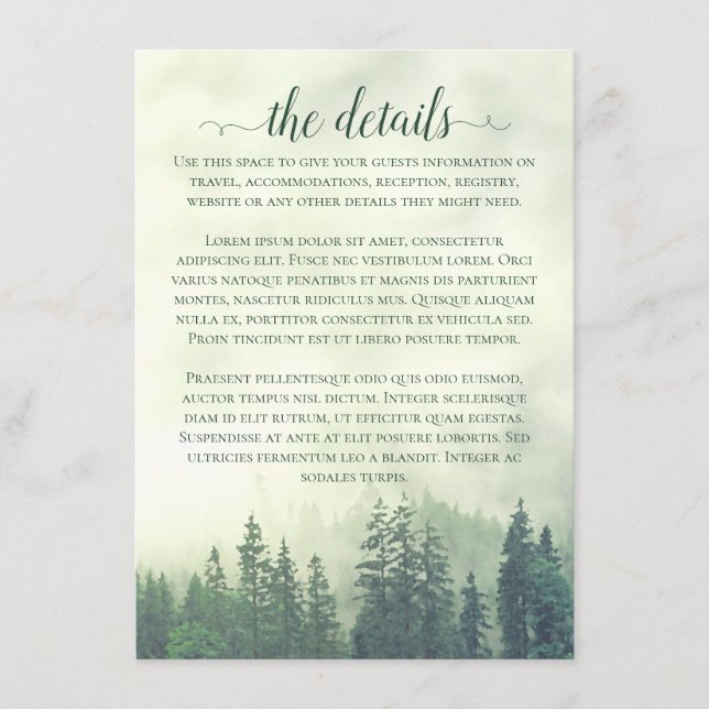 Misty Mountains Green Pine Forest Wedding Details Enclosure Card (Front)