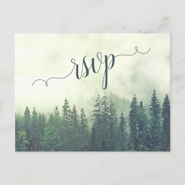 Misty Mountains Green Pine Forest Wedding RSVP Postcard (Front)