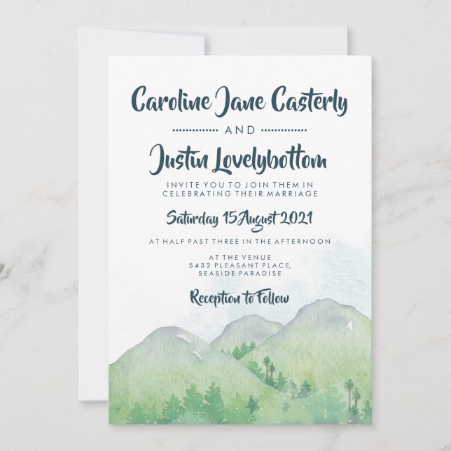 Misty Mountains Watercolor Wedding Invitation (Front)