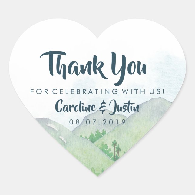 Misty Mountains Wedding Thank You Heart Sticker (Front)