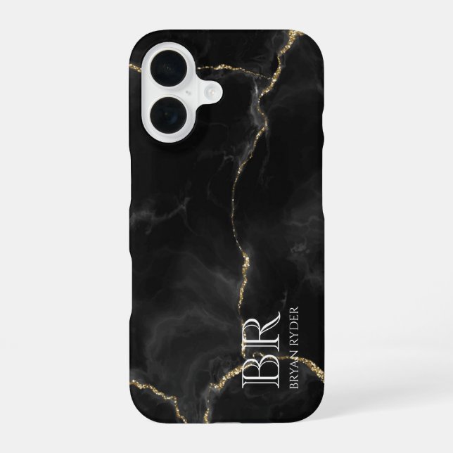 Misty Night Gold Glitter Marble Customisable iPhone 16 Case (Back)