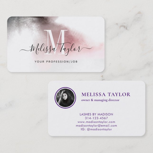 Misty Ombre Pink and Purple Monogram Photo Business Card (Front/Back)
