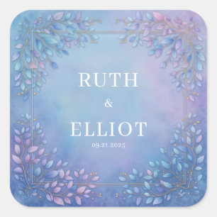 Misty Periwinkle Botanical Gold Border Wedding Square Sticker