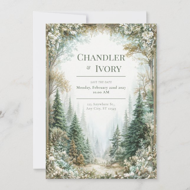 Misty Pine Forest Gold Floral Wedding Invitation (Front)