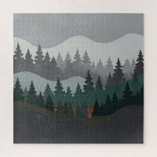 Misty Pine Forest Layered Mountain Landscape Jigsaw Puzzle