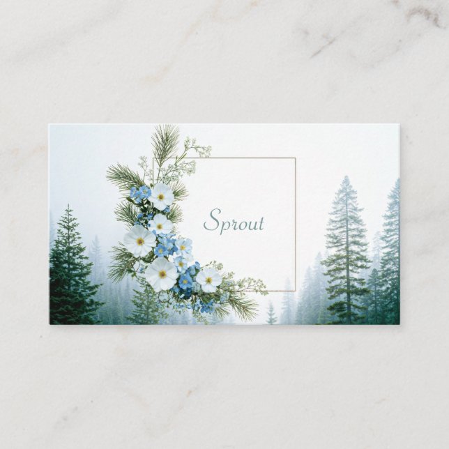 Misty Pine Forest White and Blue Floral Frame Business Card (Front)