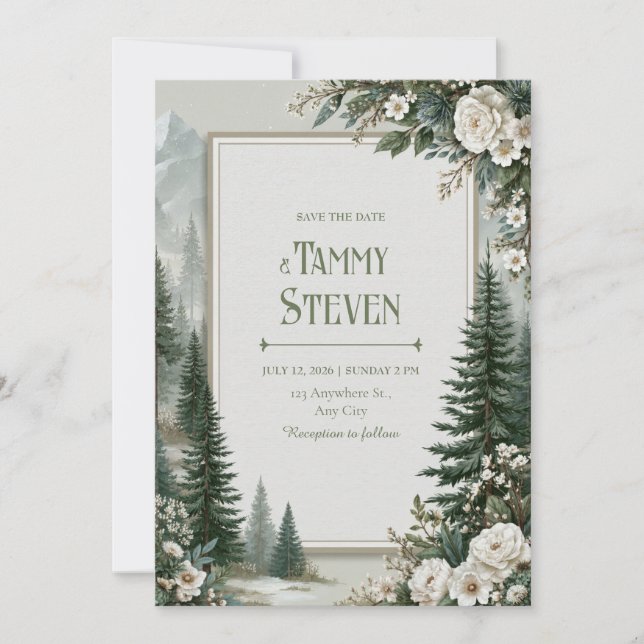 Misty Pine Rose Wedding Invitation (Front)