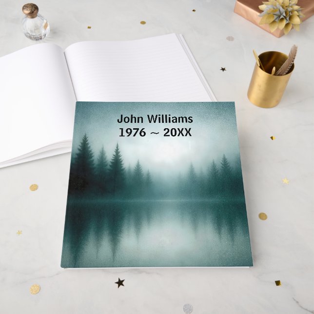 Misty Pine Tree Reflection in Lake Water Guest Book (Front Open)